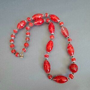 Vintage 20s Italian or Czech Red Hand Blown Glass Bead Necklace Retro Jewelry.